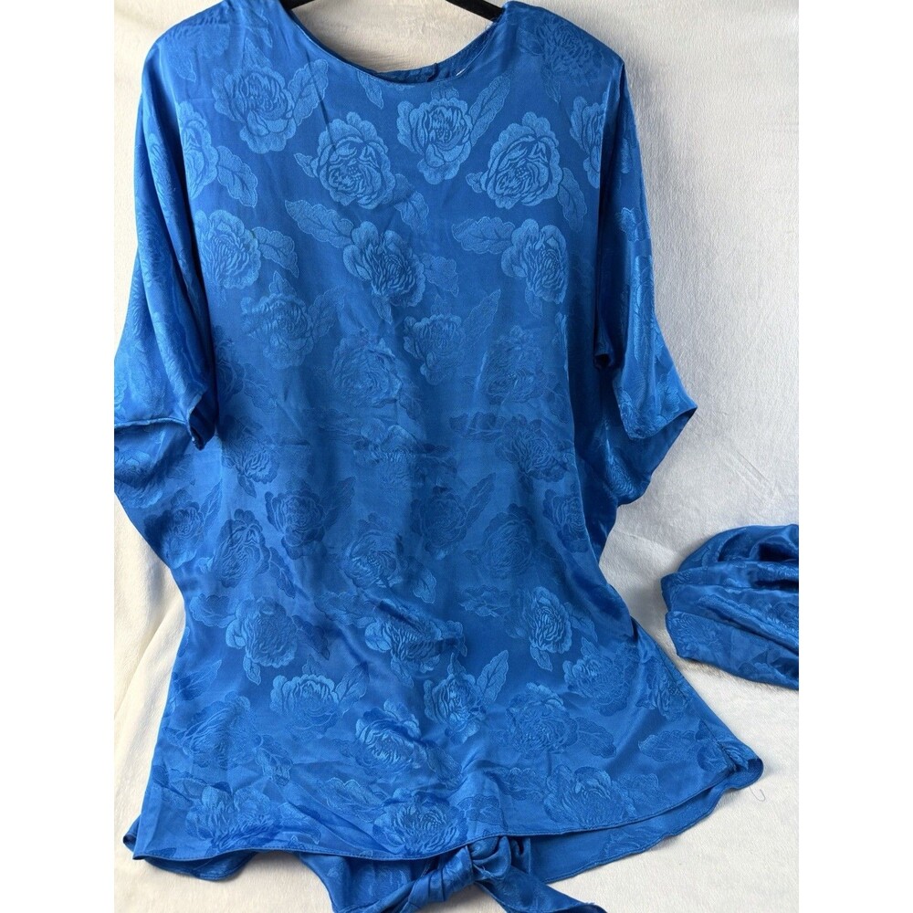 Vintage 80s 90s Rose Garden Skirt Shirt Set Blue Floral Satin Jacquard L Large